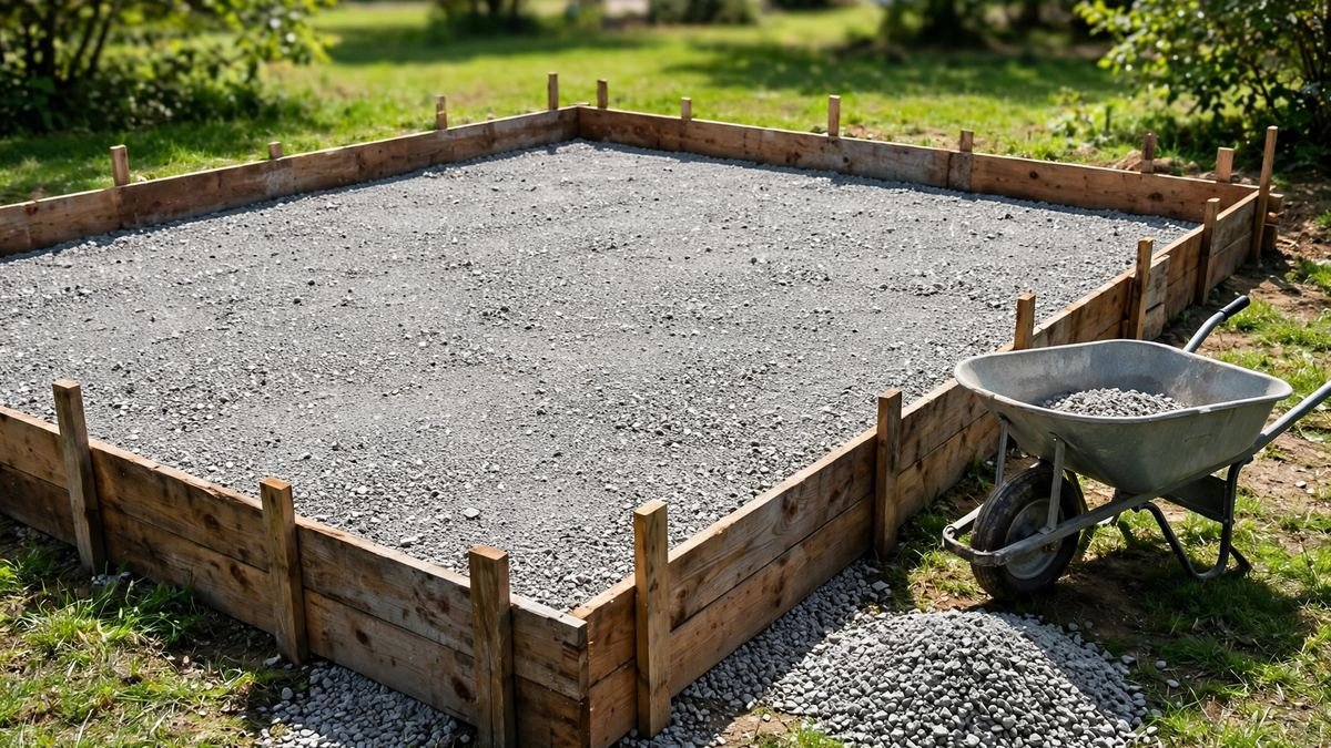 Crushed gravel base levelled inside wooden formwork with a wheelbarrow nearby